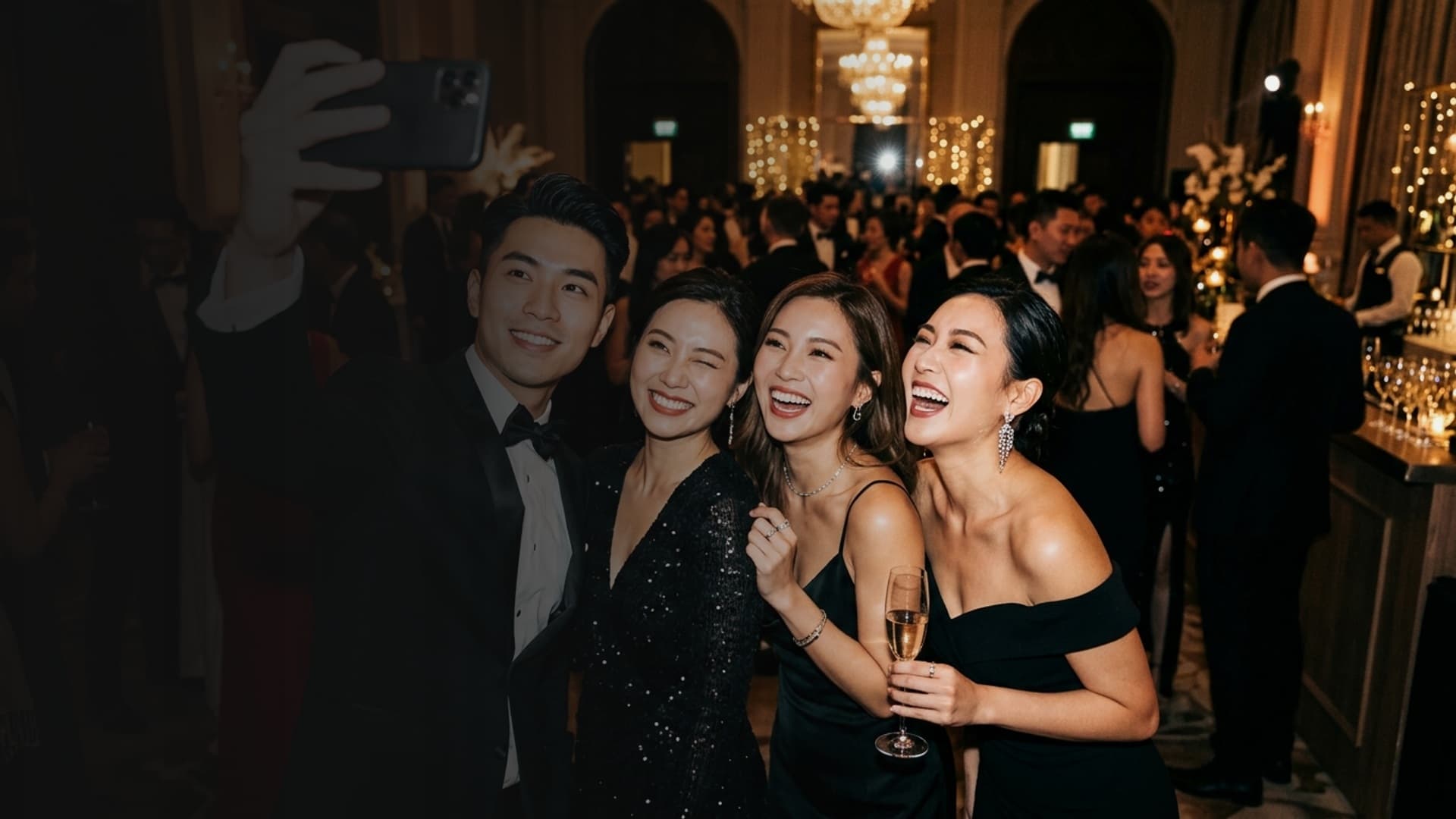 Friends laughing candidly taking a selfie at an evening event
